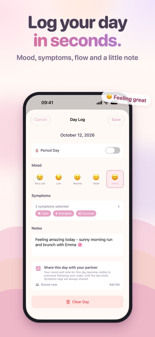 HerFlow day log: "Log your day in seconds", with period day, mood, symptoms, a note and the option to share the day