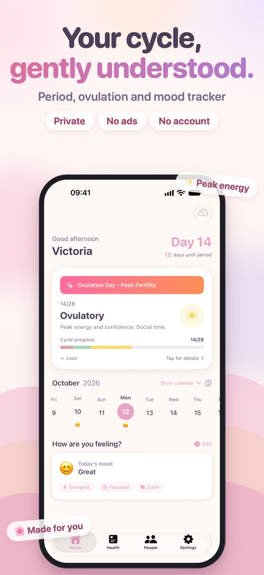 HerFlow Home screen on iPhone: "Your cycle, gently understood", showing cycle day 14, the ovulatory phase and today's mood