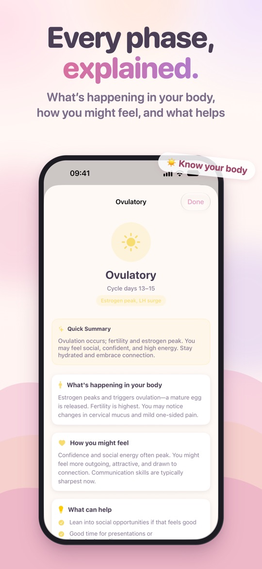 HerFlow phase guide: "Every phase, explained", for the ovulatory phase with what happens in your body and what helps