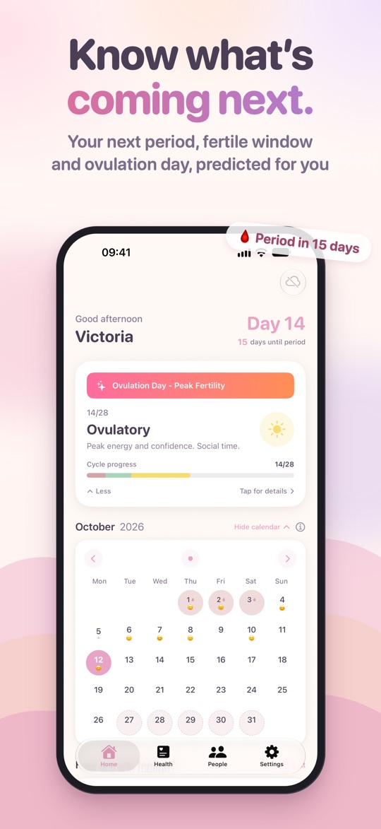 HerFlow month calendar: "Know what's coming next", with logged period days and the predicted next period and fertile window