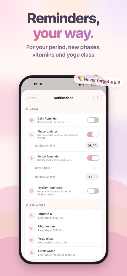 HerFlow reminders: "Reminders, your way", for the period, new phases, vitamins and a yoga class