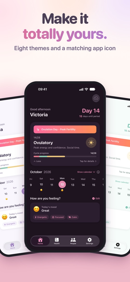 HerFlow themes: "Make it totally yours", the Home screen in a dark theme between two light ones